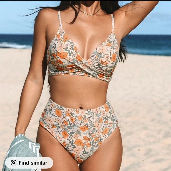 Cupshe women’s Floral Print Bikini Set - Orange and Cream toe piece set Small - Picture 1 of 7